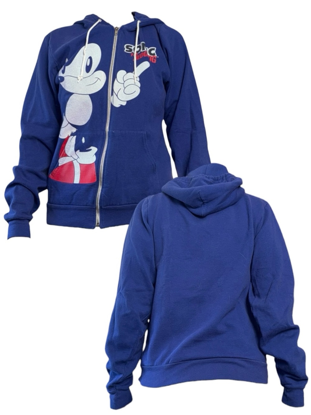 American Apparel Blue Sonic the Hedgehog Zip Hoodie with White & Red Graphic